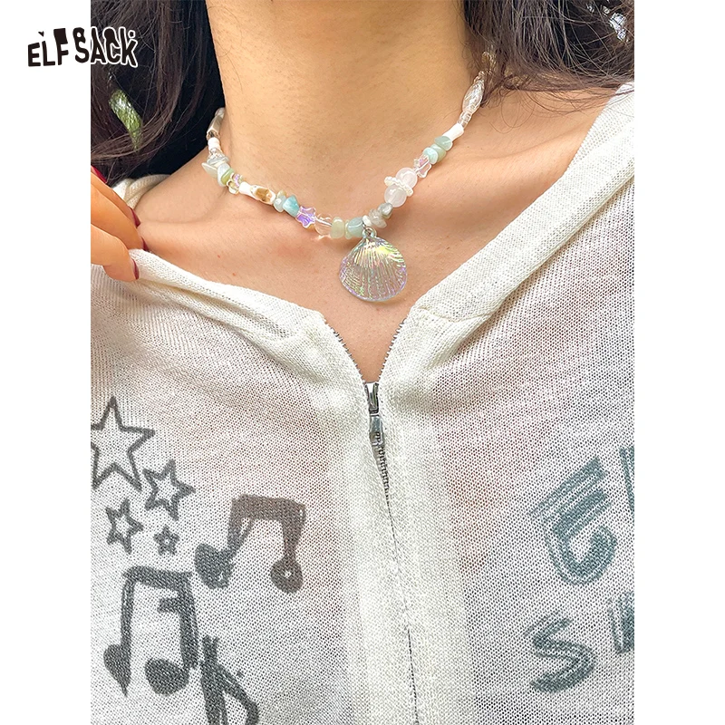 

ELFSACK 2025 Summer New Arrival Y2K Colorful Shell Beaded Necklace Summer Bohemian Chic Collarbone Chain for woman