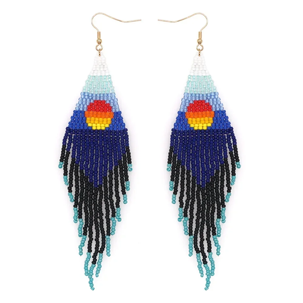 Women's Bohemia Alloy Tassel Earrings Hand Knitting Sun Design Gradient Color Rice Beads Fashion Jewelry