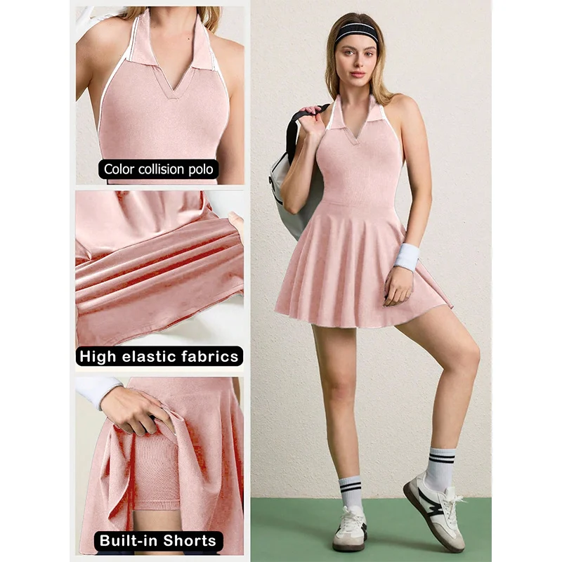 PofyBofy Backless Tennis Dress with Build in Bra Build in Shorts Athletic Dress for Women Summer Cut Out Golf Workout Polo Dress