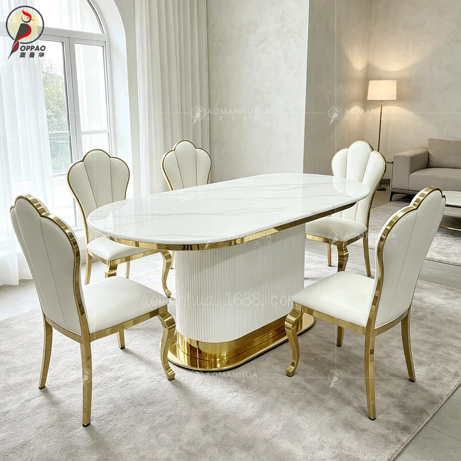 HYS marble oval dining table, stainless steel minimalist sintered stone island table, living room dining table