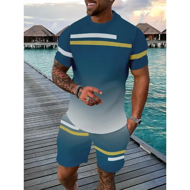 2025 Summer T-shirt and Shorts Set, 3D Color blocked Printed Casual Hawaiian Men's and Women's Sports Set Two Piece Jogging Suit