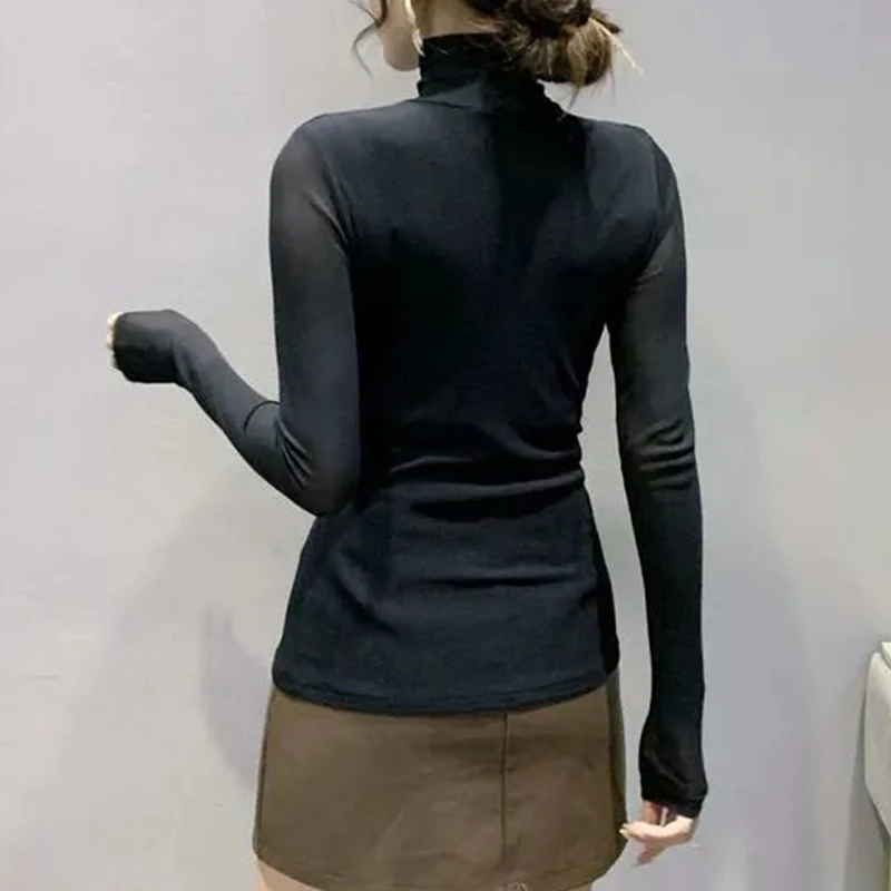 Womens Clothing 2023 Korean Fashion Sexy Sheer Mesh High Collar Elegant Basic T-shirts Autumn Female Solid Long Sleeve Slim Tops
