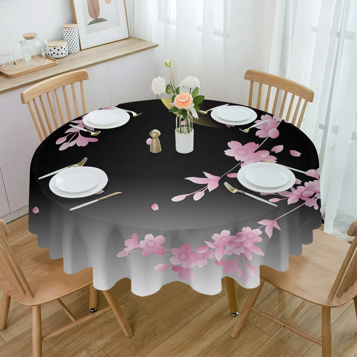 Japanese Cherry Blossom Moon Minimalist Waterproof Rectangular Tablecloth Dining Table Coffee Table Cover Outdoor Picnic Cloth