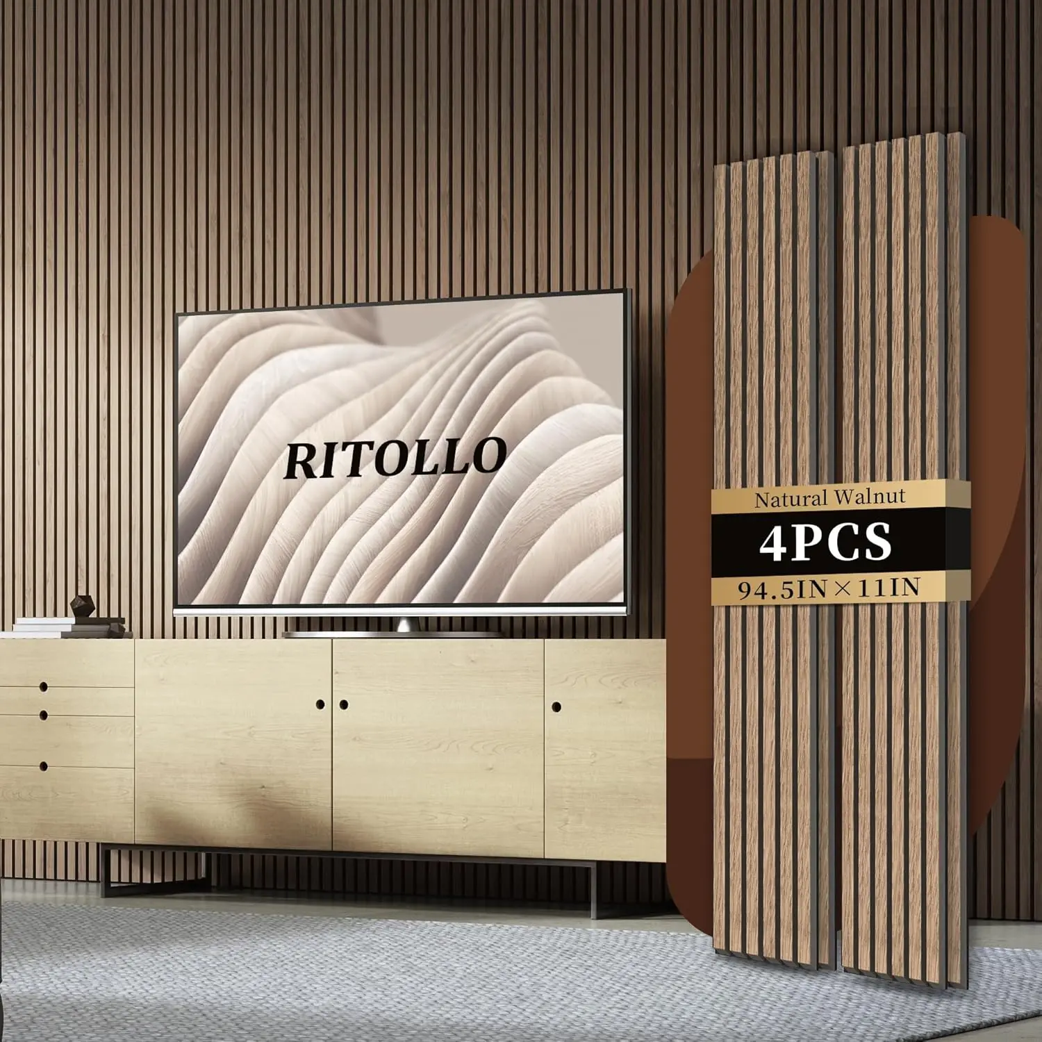 

4-Piece Wood Slat Panels for Wall, 94.5"×11", Acoustic Sound Absorbing Panel in Natural Walnut