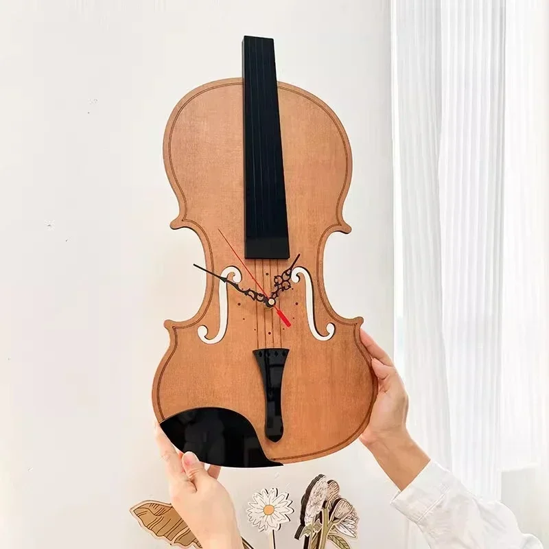 Wooden Violin Wall Clocks Luxury Digital Elegant Silent Clocks Wall Nordic Quartz Clock Large Stylish Watches Home Decoration