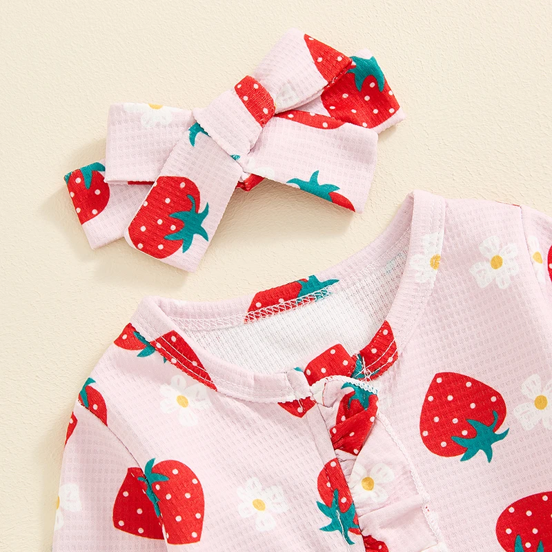 Baby Girls Outfit Long Sleeve Strawberry Flower Butterfly Print Frills Zipped Footies Jumpsuit and Headband Fall Clothes