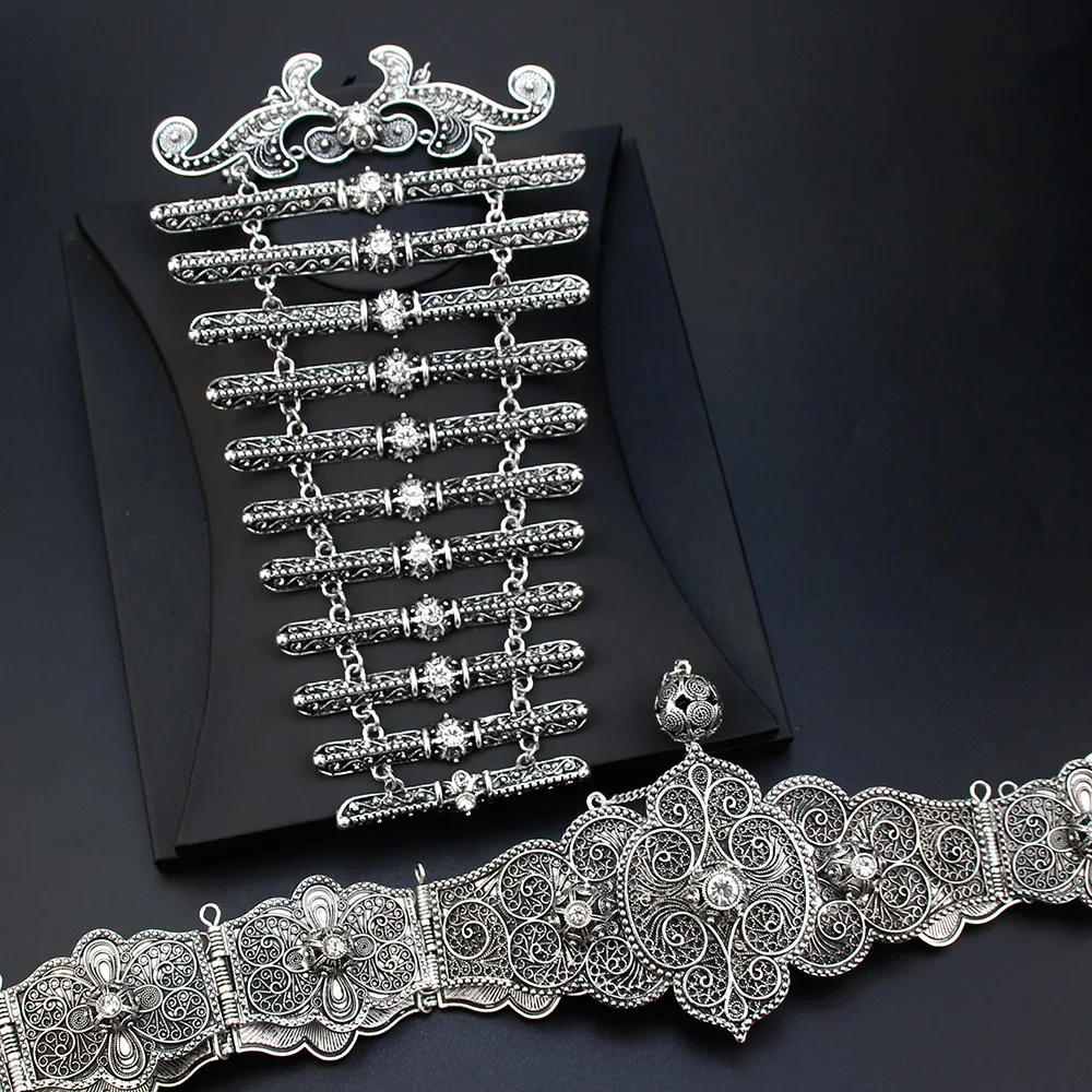 مجموعة ألواح صدرية بحزام قوقازي أنيقة مجوهرات زفاف العروس التركية لون ذهبي عتيق حزام لؤلؤ كريستالي أحمر وأخضر #6