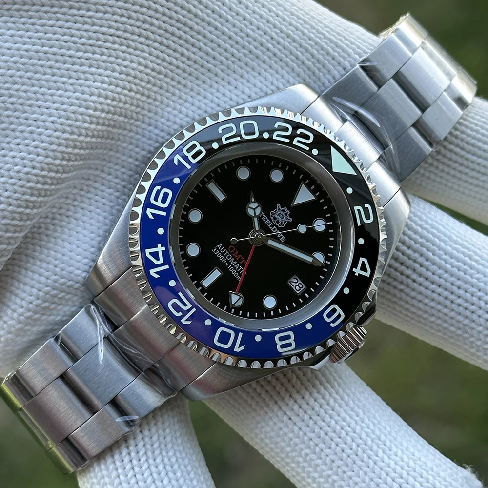 STEELDIVE SD1964GMT Nieuw horloge 2025, zwarte wijzerplaat, vier wijzers, keramische bezel, lichtgevend saffierglas, automatische herenduikhorloges