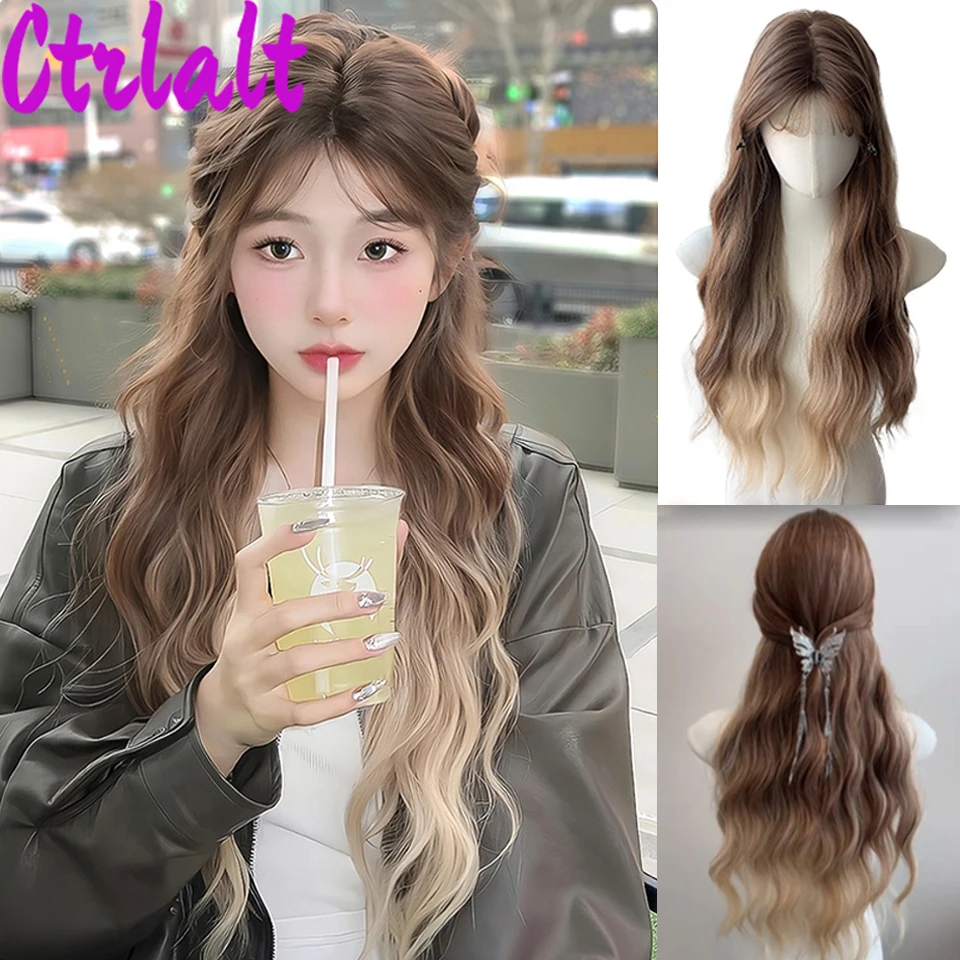 Long Wavy Synthetic Ombre Brown Platinum Blonde Halloween Wigs For Women Heat Resistant Cosplay Party Lolita Hair Wigs