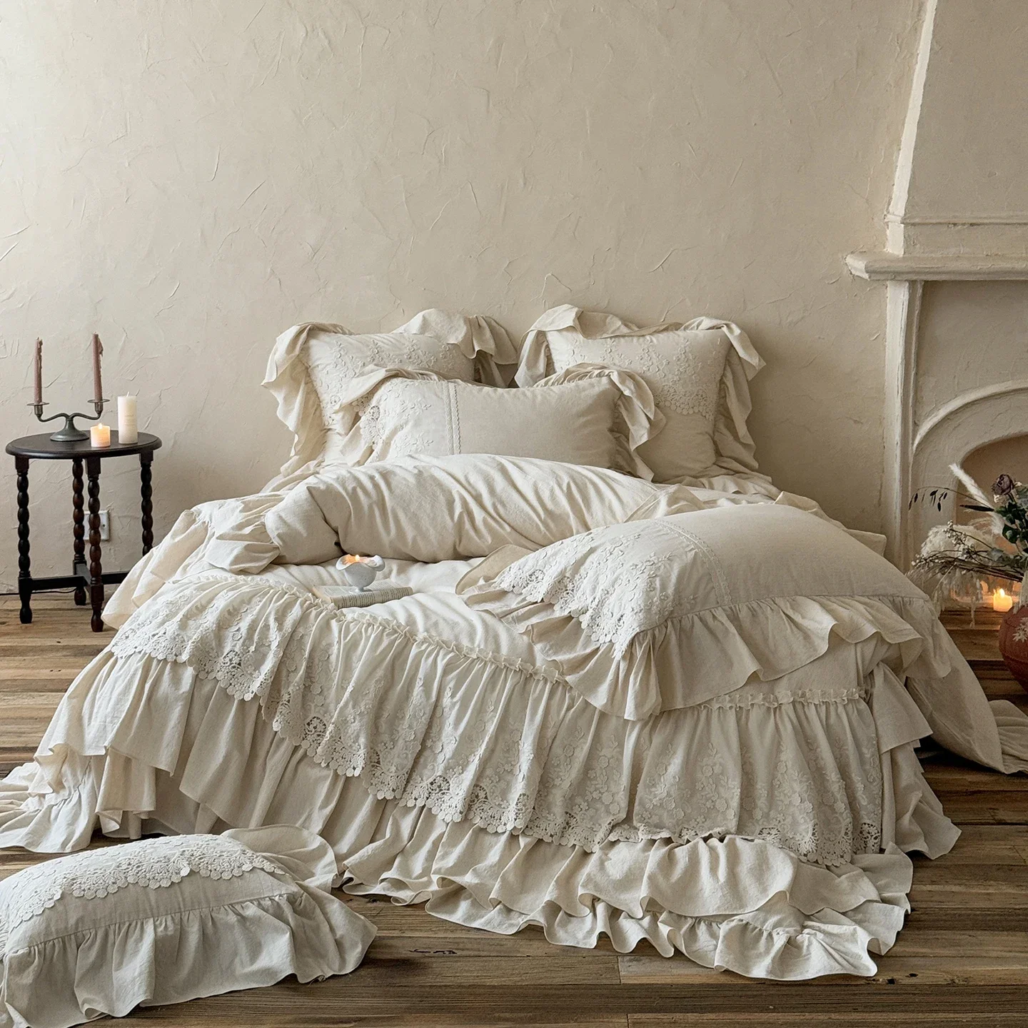 Romantic French Double Layer Lace Ruffles Bedding Set 20% Ramie, 80% Cotton Duvet Cover Set Quilted Bedspread Pillowcases 4Pcs