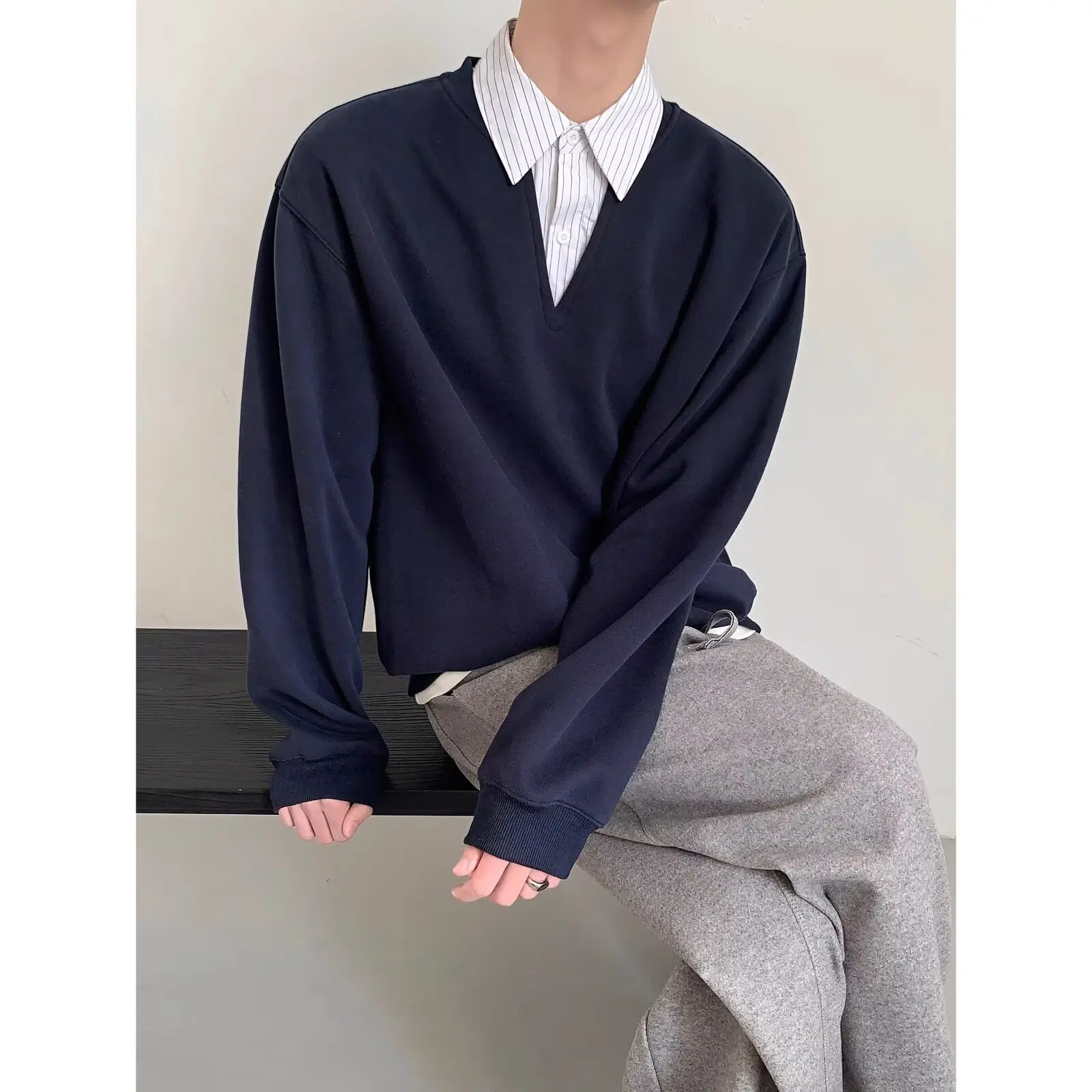 

Autumn Winter plus Size Men's Sweatirt ort irt Collar Korean Lazy Sle Fake Two-Piece Layered Wear Polyester Fiber