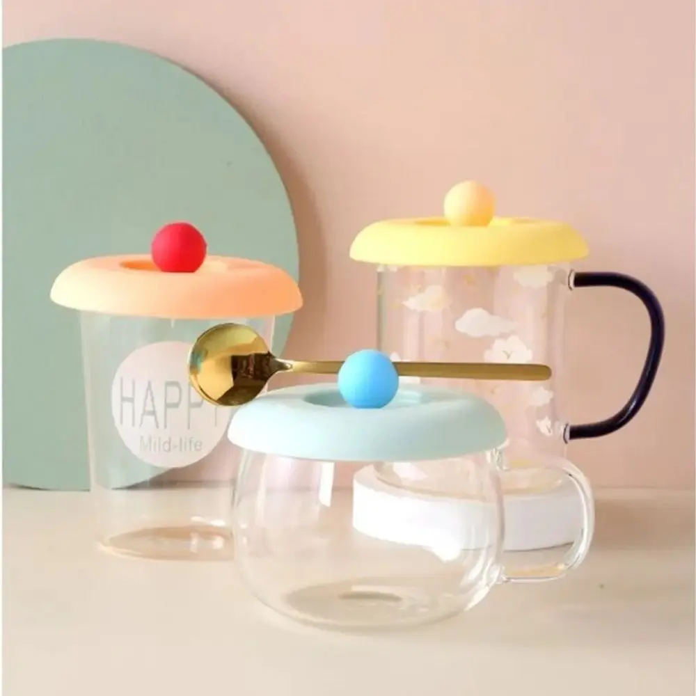 with Spoon Holder Silicone Cup Cover Round Anti-dust Water Cup Lid Leak-Proof Heat-Resistant Lid Coffee Mug Sealed Cap