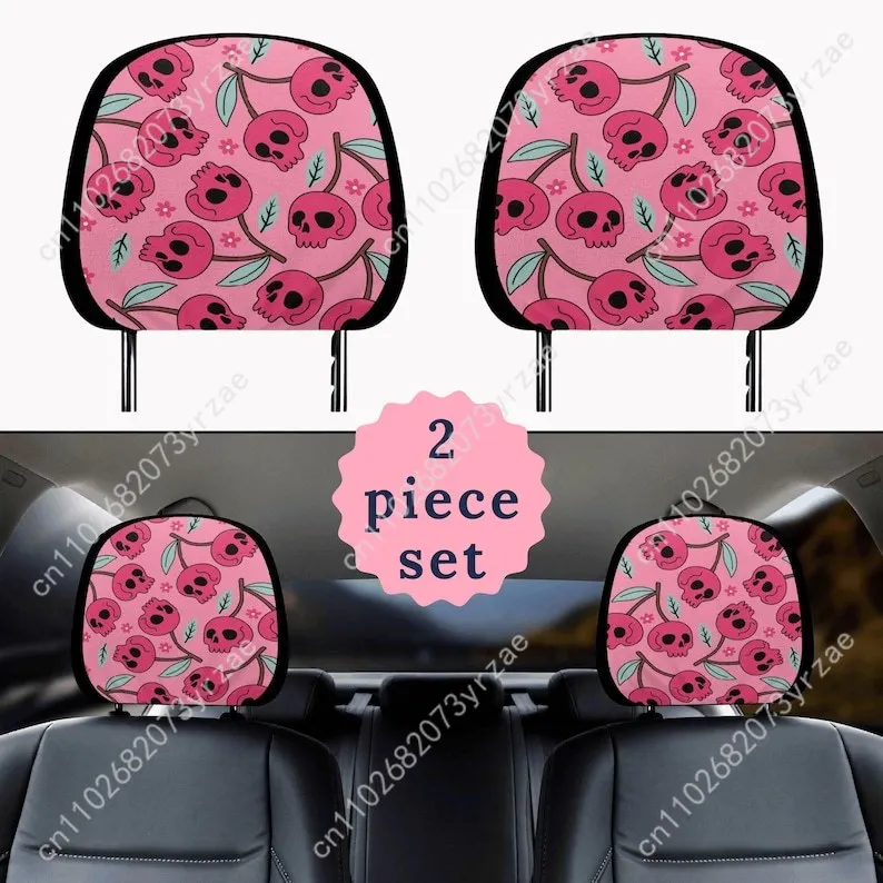 

Pink Cherry Skull Car Seat Headrest Cover (2pcs)Environmentally Friendly Headrest Protector Breathable Comfortable Vehicle Decor