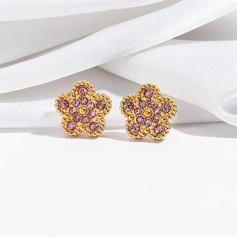 EILIECK New Fashion Stainless Steel Pink Zircon Clover Necklace Bracelet Earrings Set For Women Trendy Flower Jewelry Set Gift