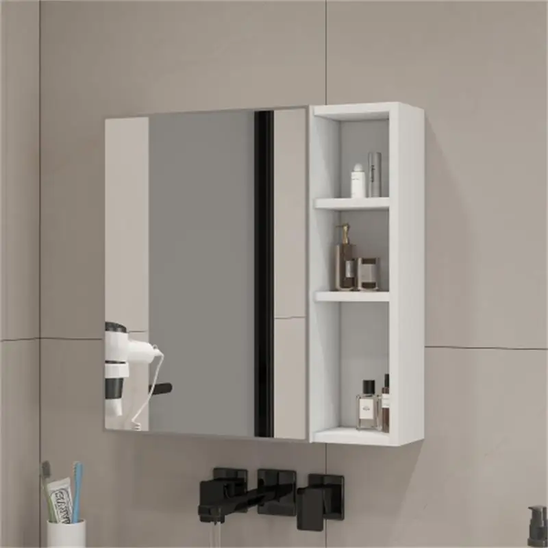 [Einfacher Wandspiegelschrank] 55 × 56 cm wandmontiert, weiße HDF-Platte + Sicherheitsspiegelglas-Tür, unterteilter Stauraum + verdickter HD-Spiegel, ideal für Badezimmer / Schminkraum.