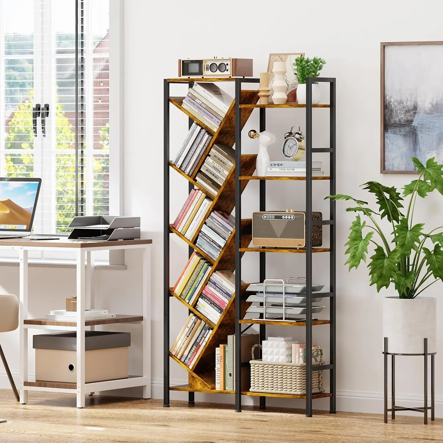 

5-Tier Double Wide Bookshelf 67" , Industrial Tree BookShelves, Vintage Storage Rack with 14 Open Shelves, Large Bookcase