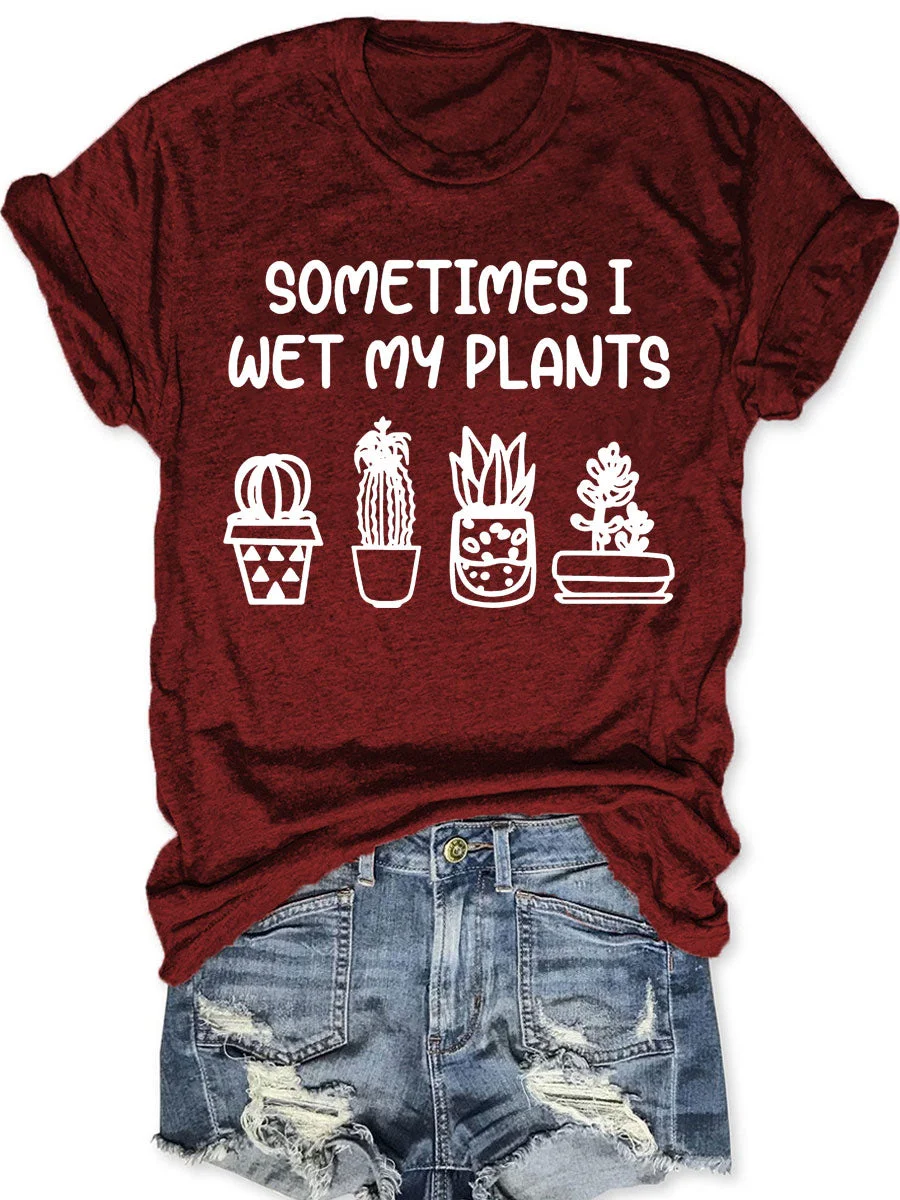 Sometimes I Wet My Plants Funny Slogan Women Shirt Cute Cartoon Stick Figure Potted Cactus Print Fashion Causal Female T-shirt