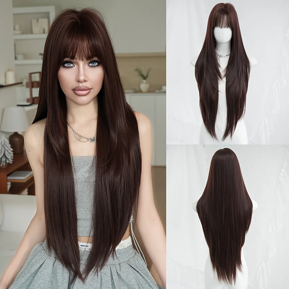 

Женский длинный прямой парик из синтетических волос цвета бургунди - термостойкий, плотность 150% / в корейском стиле для повседневного использования и музыкальных фестивалей