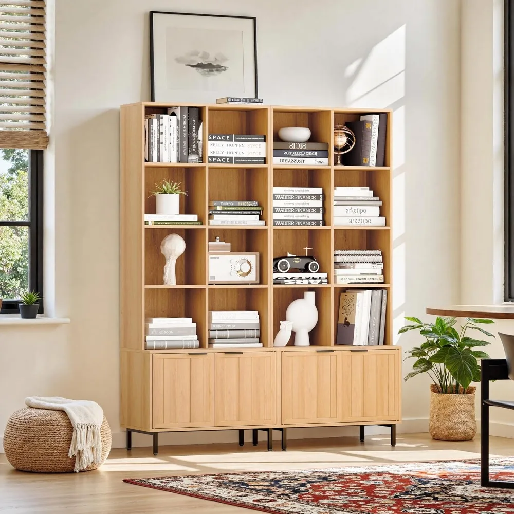 Estante de madeira ajustável de 4 camadas estilo fazenda com portas, armário de armazenamento para sala de estar, escritório, cozinha