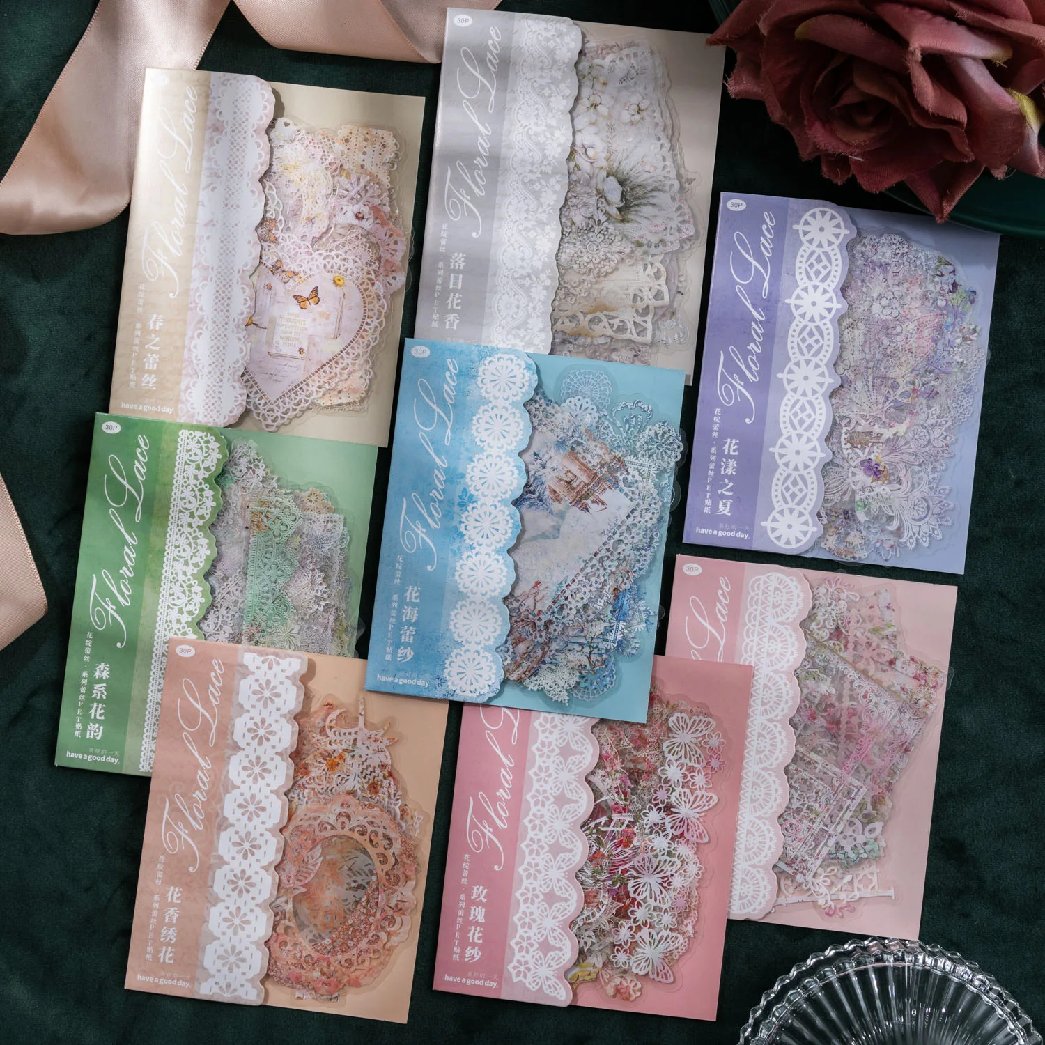 30pcs Vintage Rose Frame Lace Stickers Junk Journal Planner Flower Window Butterfly PET Stickers DIY Album Scrapbooking Material