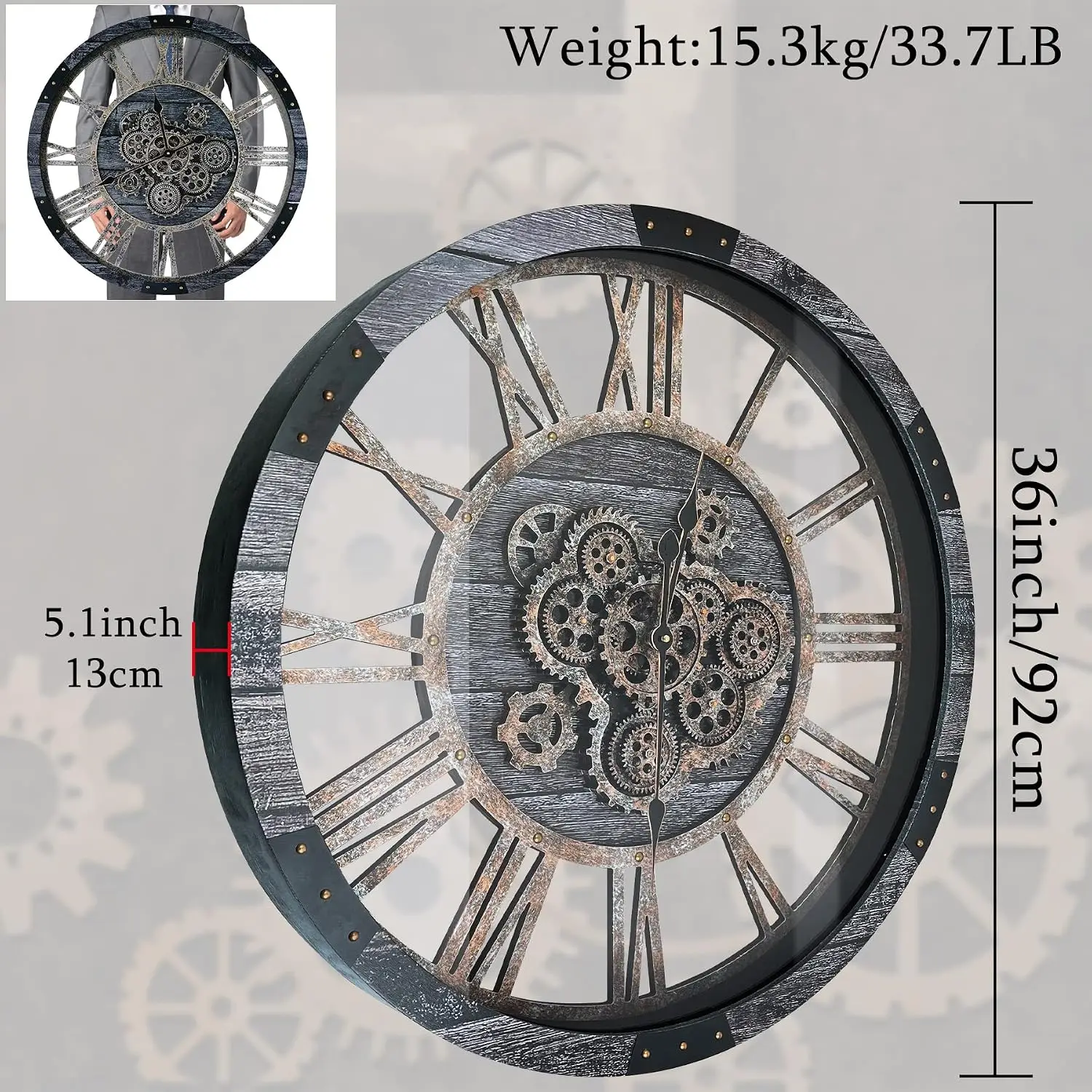 36 Inch Moving Gear Wall Clock, Oversized Wall Clocks, Clock Living Room Decor, Solid Wood Frame, Battery Operated, Large Wall C