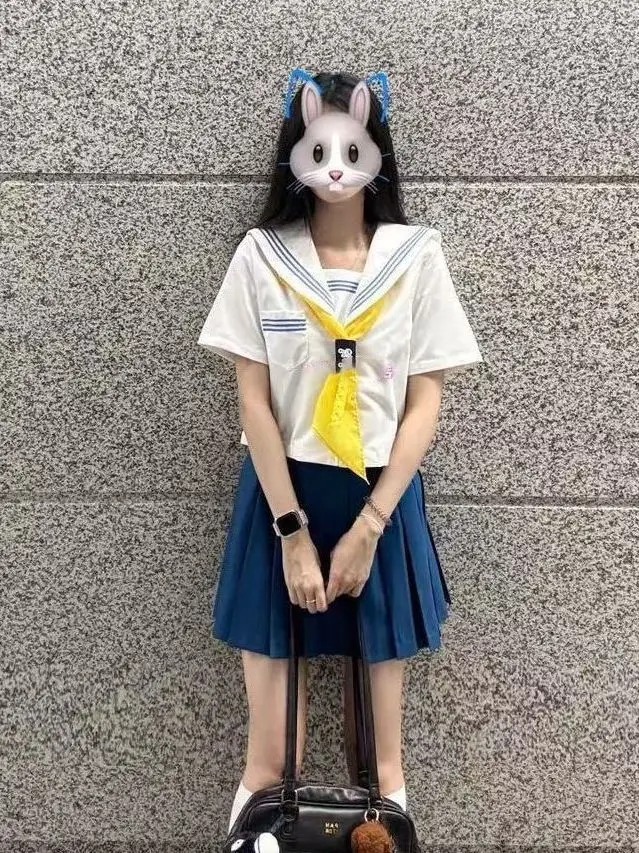 Japanese Style College Preppy Sailor Suit Uniform Short Sleeve Women's Top Skirt Set Navy Collar Pleated Skirt Breathable view 5