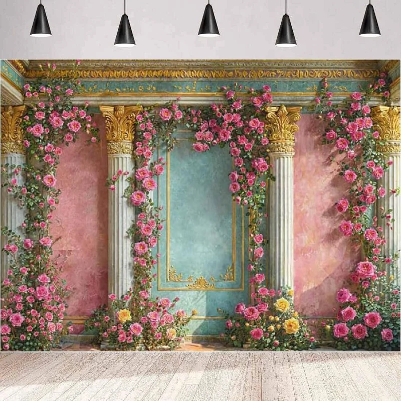 

Pink Rose Flowers Wedding Photography Backdrop Spring Pink Blue Castle Painting Wall Photo Background Wall Banner Poster Decor