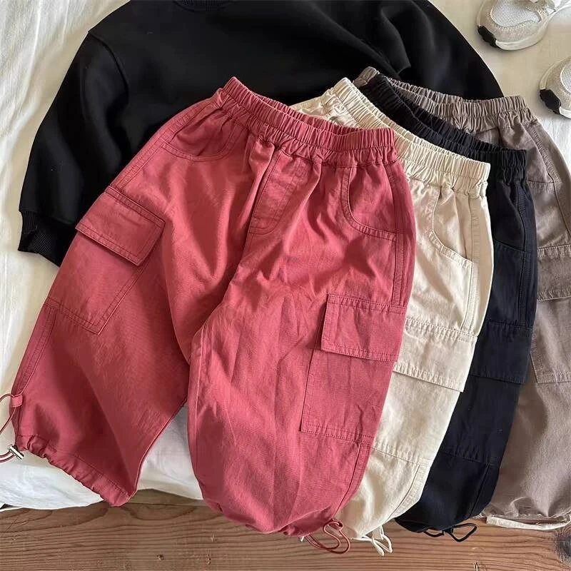 2026 Spring Kids Pants Girls Overalls Baby Wide Leg Pants Children Solid Color Clothing Cargo Tousers for Boys