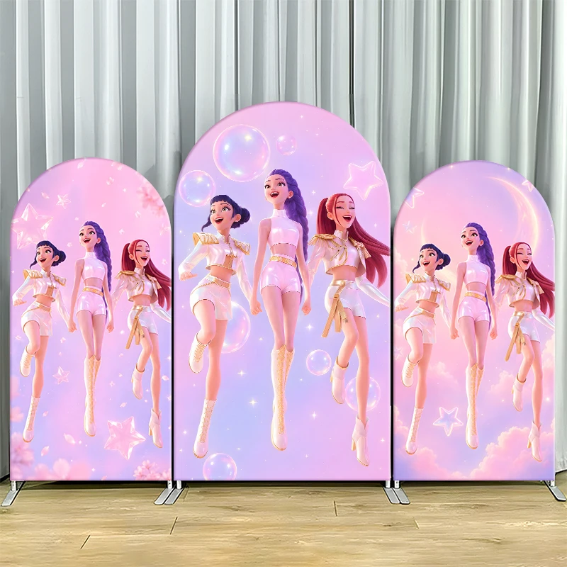 

Kpop Demon Hunters Arch Backdrop Cover, Pink Starry Sky Arched Banner for Girls Birthday Party, Custom Spandex Photo Background