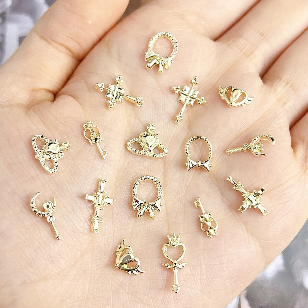 10 Uds. Varita mágica Hada palo Nail Art Charm 3D lujo oro plata arco círculo Cruz adorno de uñas DIY exquisitos accesorios de uñas