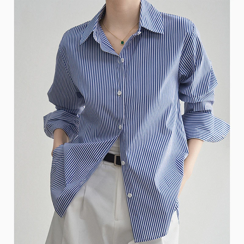 Blue Striped Women Shirts Korean Retro Cotton Loose Long Sleeve Female Casual Blouse Autumn New Office All Match Ladies Top