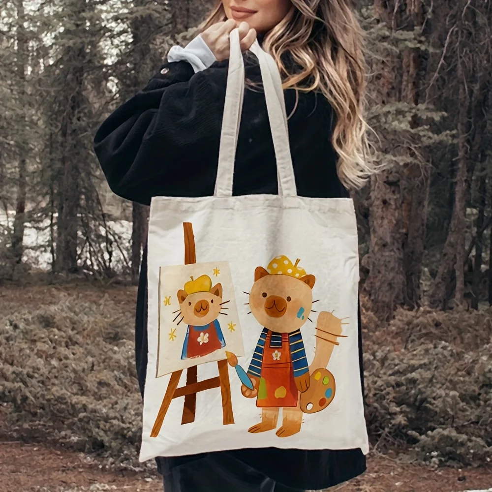 El bolso de mano de lona con illustrations de gato artistico es una bolsa de supermercado قابلة لإعادة الاستخدام