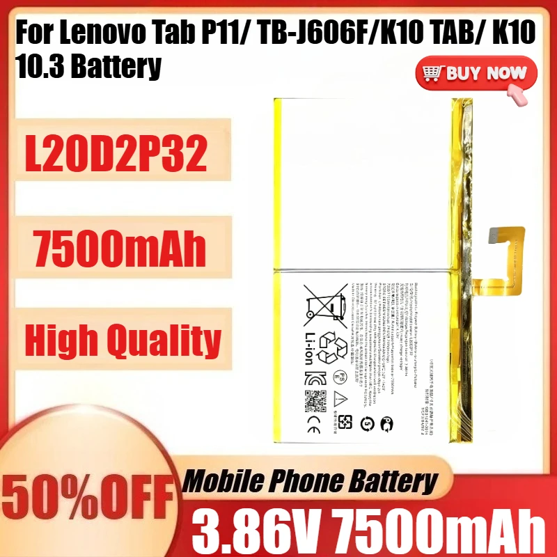 

Новый аккумулятор L20D2P32 3,86 В 7500 мАч L20D2P32 для Lenovo Tab P11/TB-J606F/K10 TAB/K10 10,3 аккумулятор