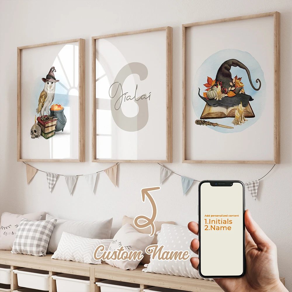 

3pcs Personalized Custom Name Witch Wall Art Printmaking Canvas Painting Poster Picture For Halloween Living Room Home Decor