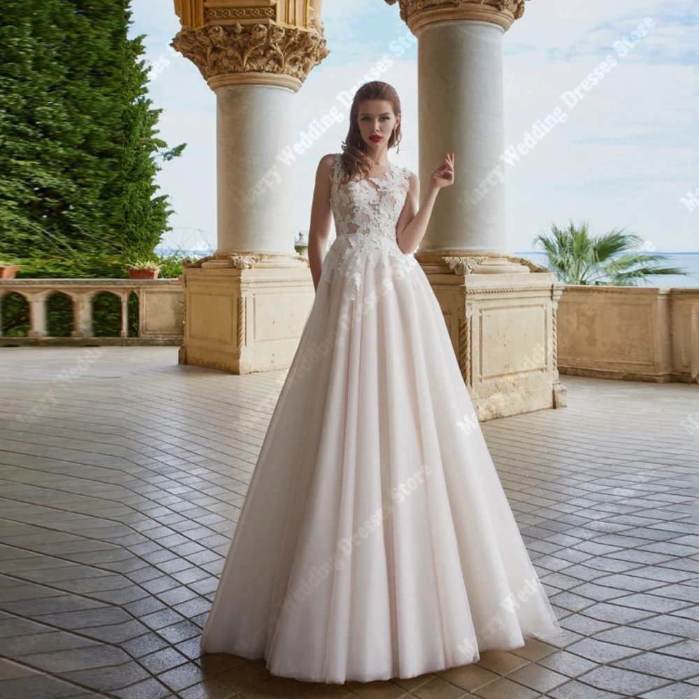 

Round-Neck A-Line Wedding Dresses Elegant Sleeveless Tulle Bride Gowns Princess Engagement Banquet Vestidos De Noivas Customized