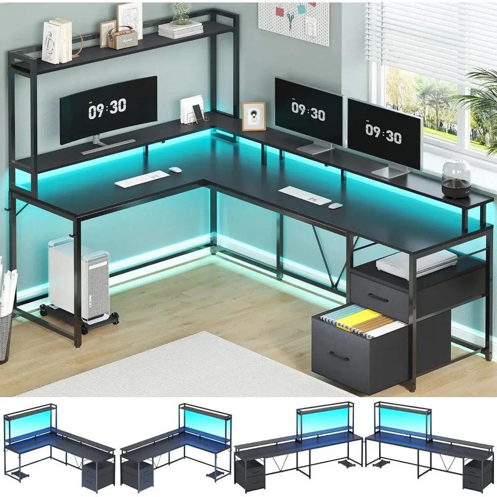 Mesa em forma de L, 94,4 ", Home Office Desk com gaveta de arquivos e prateleira do monitor, Canto Gaming Computer Desk com Hutch