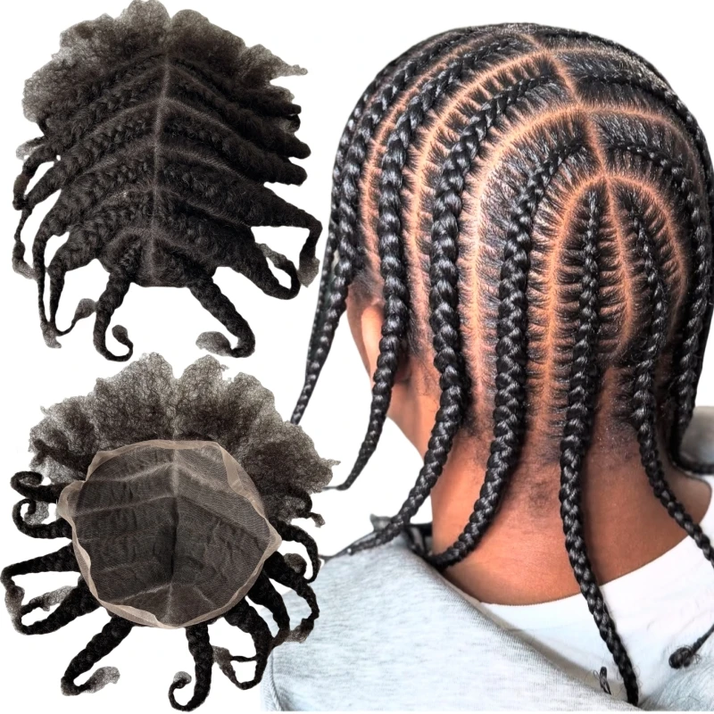 

Замена человеческих волос африканской девственницы # 1B NC Claw Afro Cornrow Braids Полный кружевной парик 8x10 Кружевные блоки для чернокожих мужчин