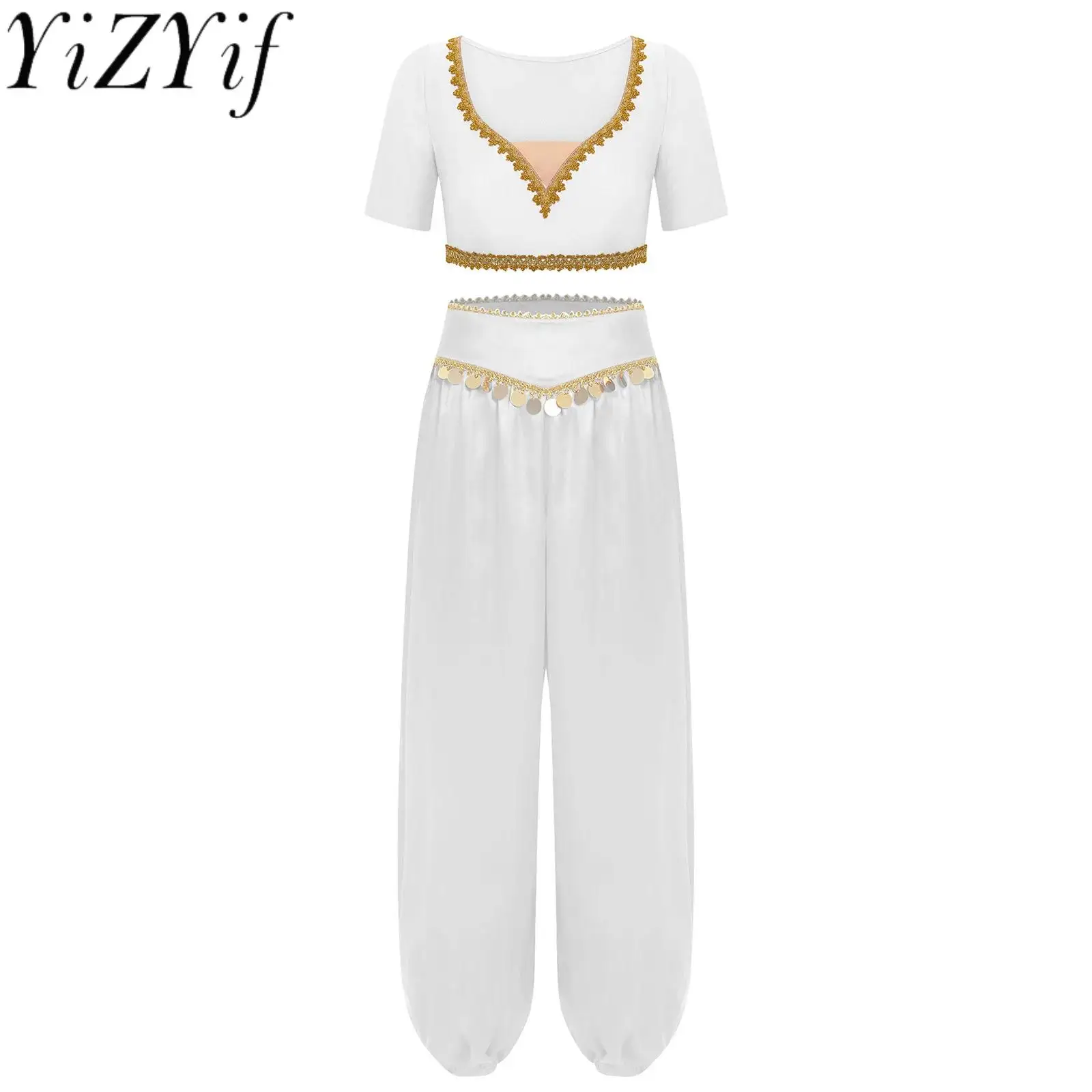 Top corto da donna per danza del ventre folk lirica e pantaloni lunghi con nappe con paillettes Set da 2 pezzi per abiti da ballo popolare indiano