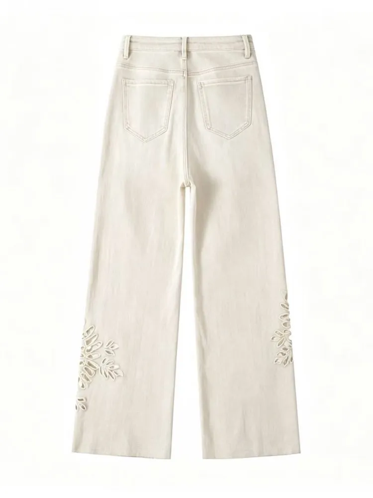 Fashion Women Floral Embroidery Hollow Out Denim Pants High Waist Wide Leg Pants New Designer Breathable Long Jeans Streetwear
