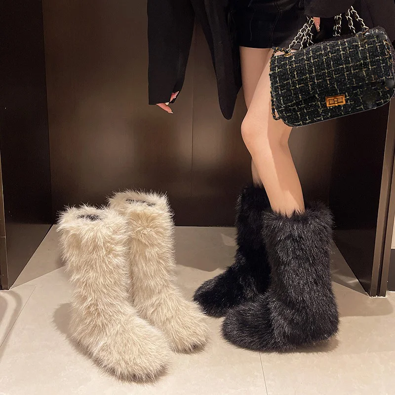 Winter Women's New Snow Boots Warm Padded Fuzzy Cotton Boots Imitation Fur Women's Boots Fashion Knitted Diagonal Handbag Set