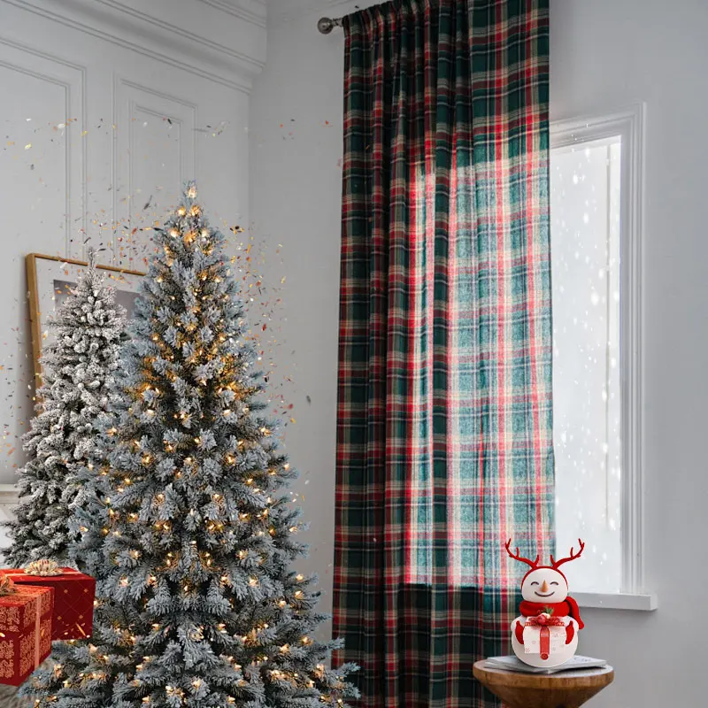 1/2PC Christmas Plaid Pole Curtain, Suitable For Living Room, Bedroom, Balcony Curtains