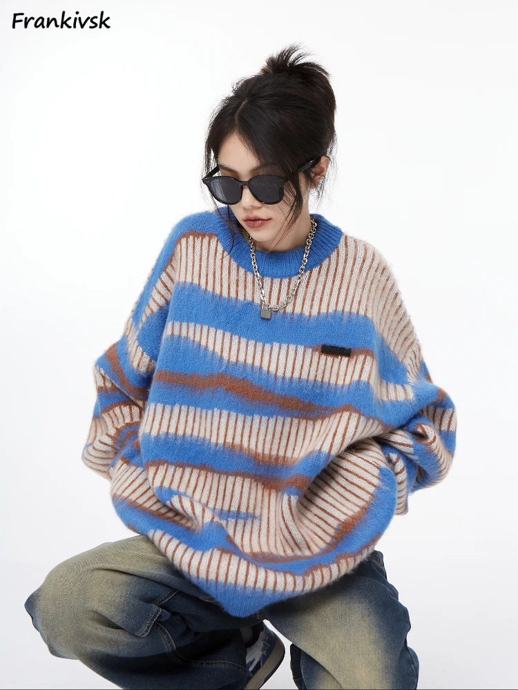 

Женский полосатый свитер в американском стиле, Повседневная трендовая ветровка контрастных цветов в стиле ретро