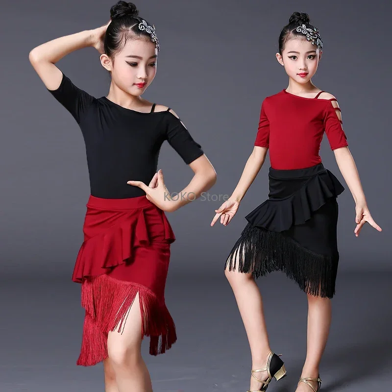 

Kids Latin Dance Costumes Ballroom Plus Size Fringe Tassel Dress Pants Girls Sequin Salsa Samba Children Stage Outfits Tassel