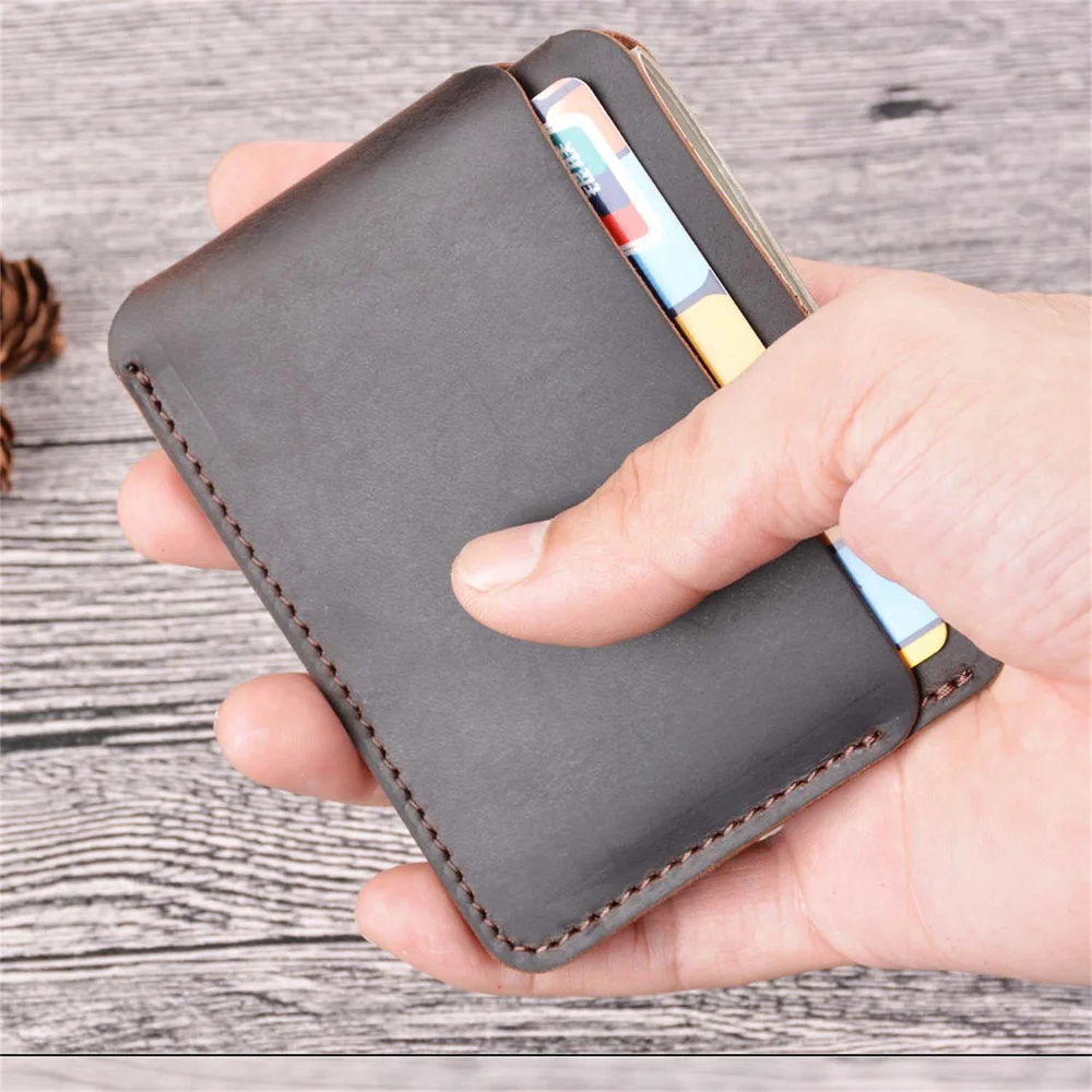 AIGUONIU محفظة بطاقات من الجلد الطبيعي المحبب بالكامل طراز عتيق محافظ جيب أمامية من Crazy Horse لبطاقات الائتمان