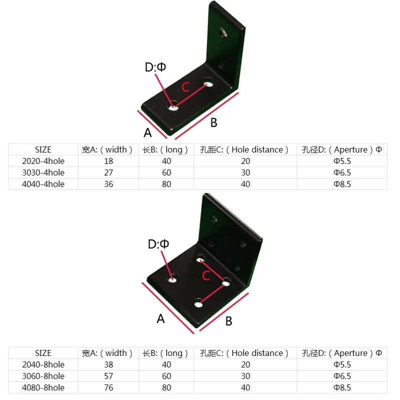 1PC 2020 2040 Black Brackets Corner Fitting Angle Aluminum 3030 3060 4040 4080 Aluminum L Connector for Aluminium Profile view 3