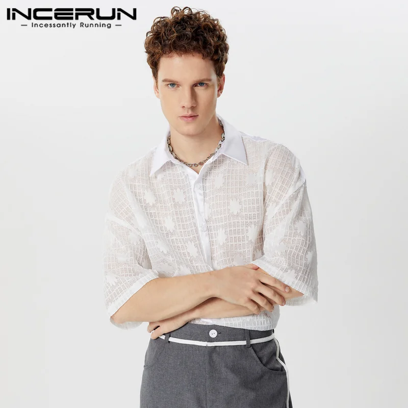 INCERUN Men Shirt Mesh Patchwork Transparent Sexy Lapel Short Sleeve Men Clothing Streetwear Summer 2024 Fashion Casual Camisas