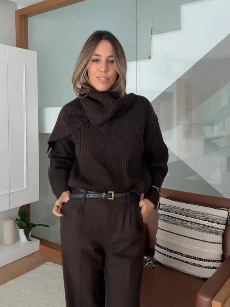 

Vintage Knitted Scarf Sweater Women New Design Casual Loose Brown Sweaters Female 2026 Spring Versatile Chic Street Knitwears