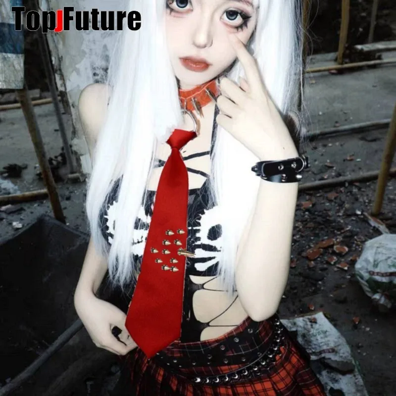 Donna uomo Y2K ragazza ragazzo gotico Harajuku Punk Steampunk cravatte Pre-legate rivetto Spiker girocollo uniforme cravatta accessori Goth Tie