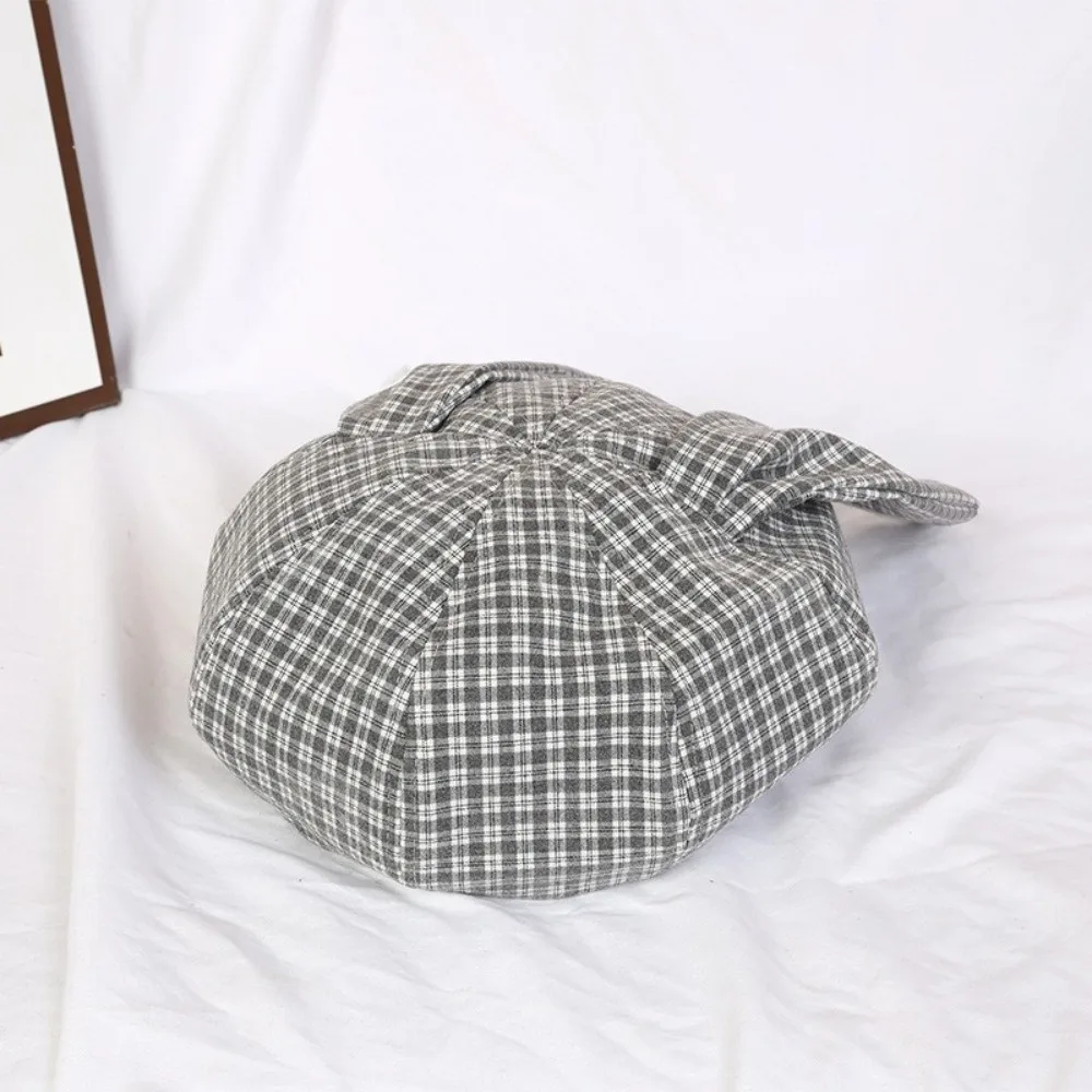 Korean Style Rabbit Ears Octagonal Hat Versatile Big Head Circumference Plaid Beret Polyester Sunscreen Women Artist Hat Girls