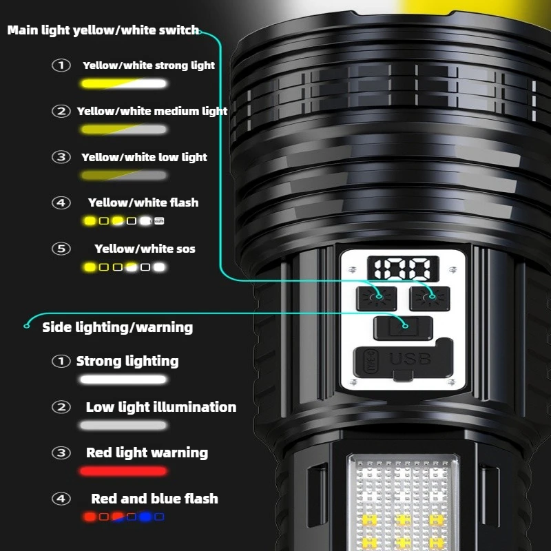 100000LM high power white and yellow laser dual light source flashlight COB side light tactical flashlight emergency spotlight